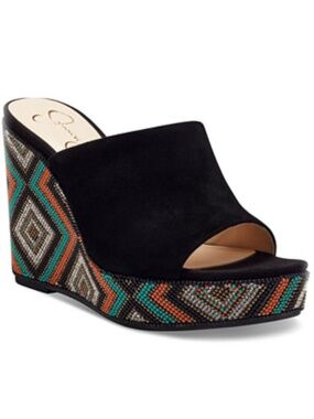 NWT -Jessica Simpson Black Suede Beaded Geometric Wedge Mules